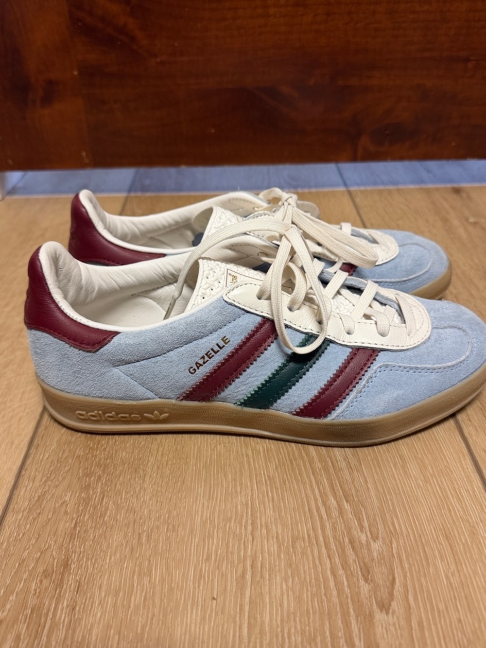 adidas Gazelle Suede Sneakers - Light Blue with Burgundy & Green Stripes